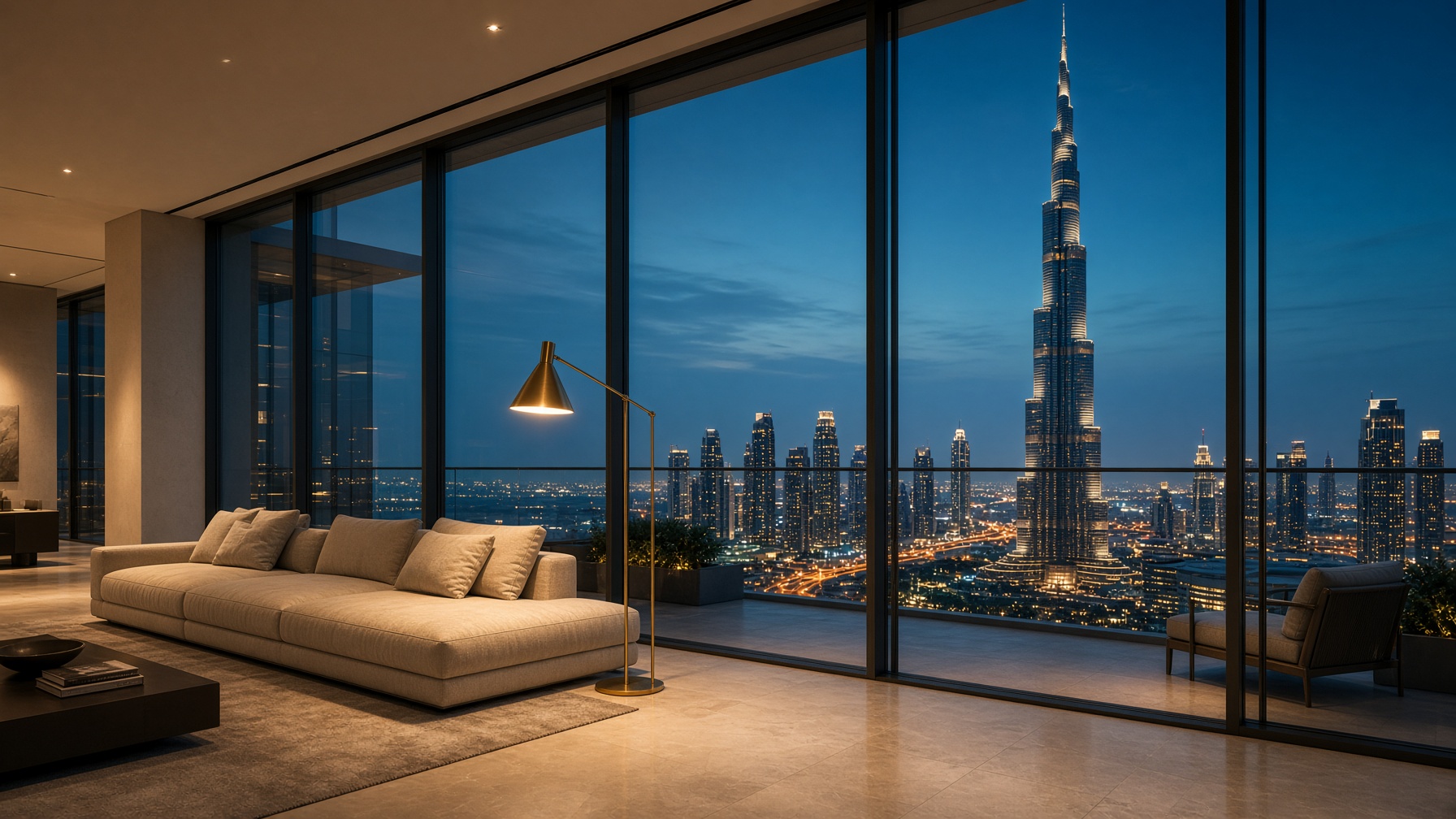 Dubai skyline viewed from a Business Bay apartment at dusk